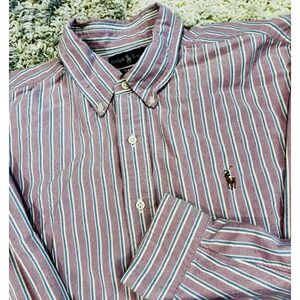 Men's Polo Ralph Lauren‎ Pink White Striped Pony Long Sleeve Shirt XXL